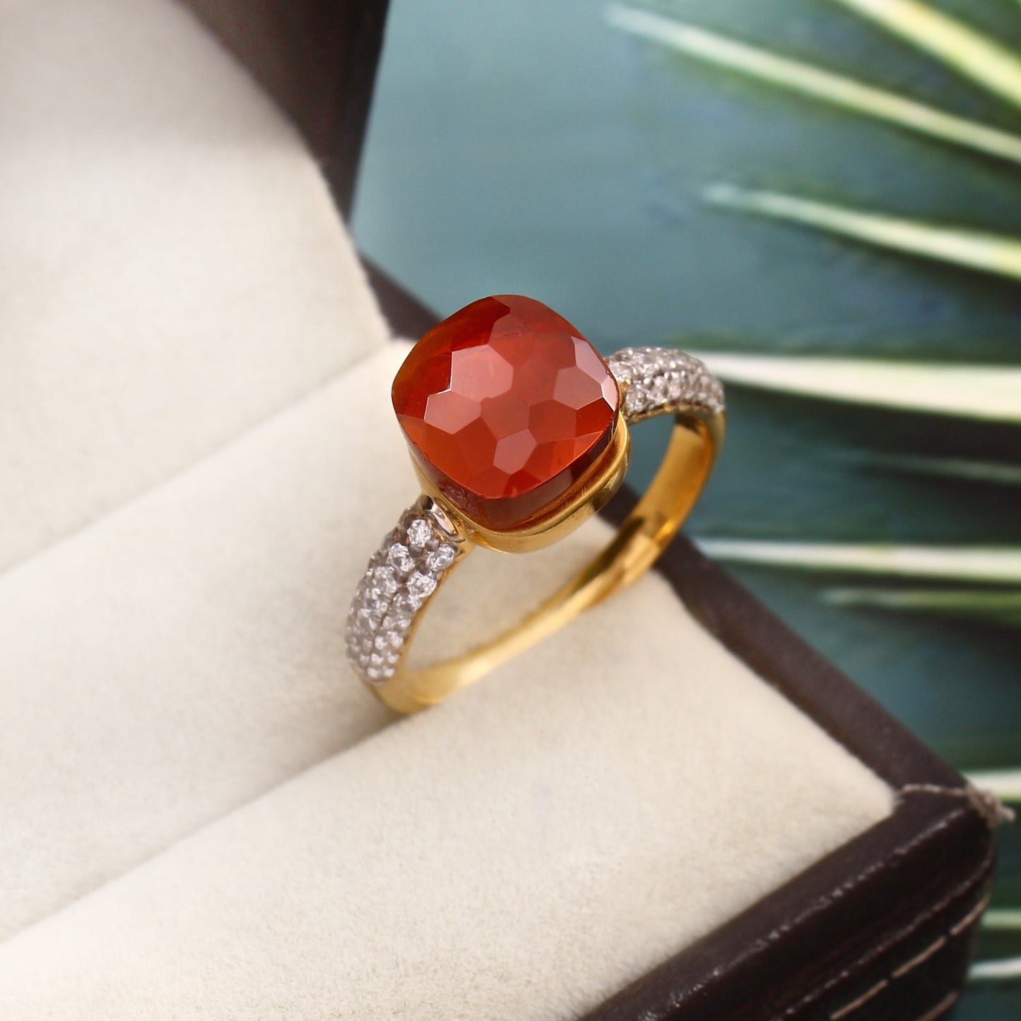 Hessonite Gemstone With Moissanite Ring 925 Sterling Silver Ring With Gold Plating