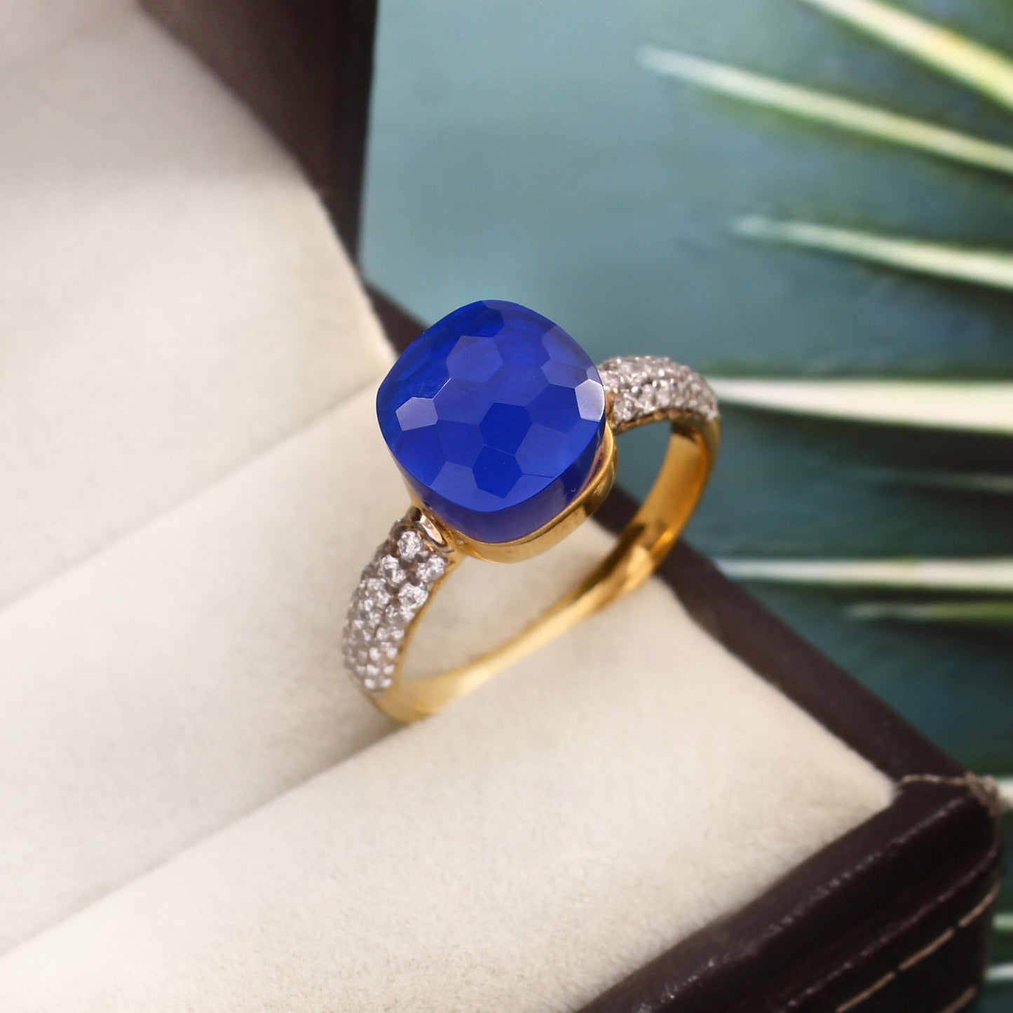 Blue Gemstone With Moissanite Ring 925 Sterling Silver Ring With Gold Plating Ring For Her