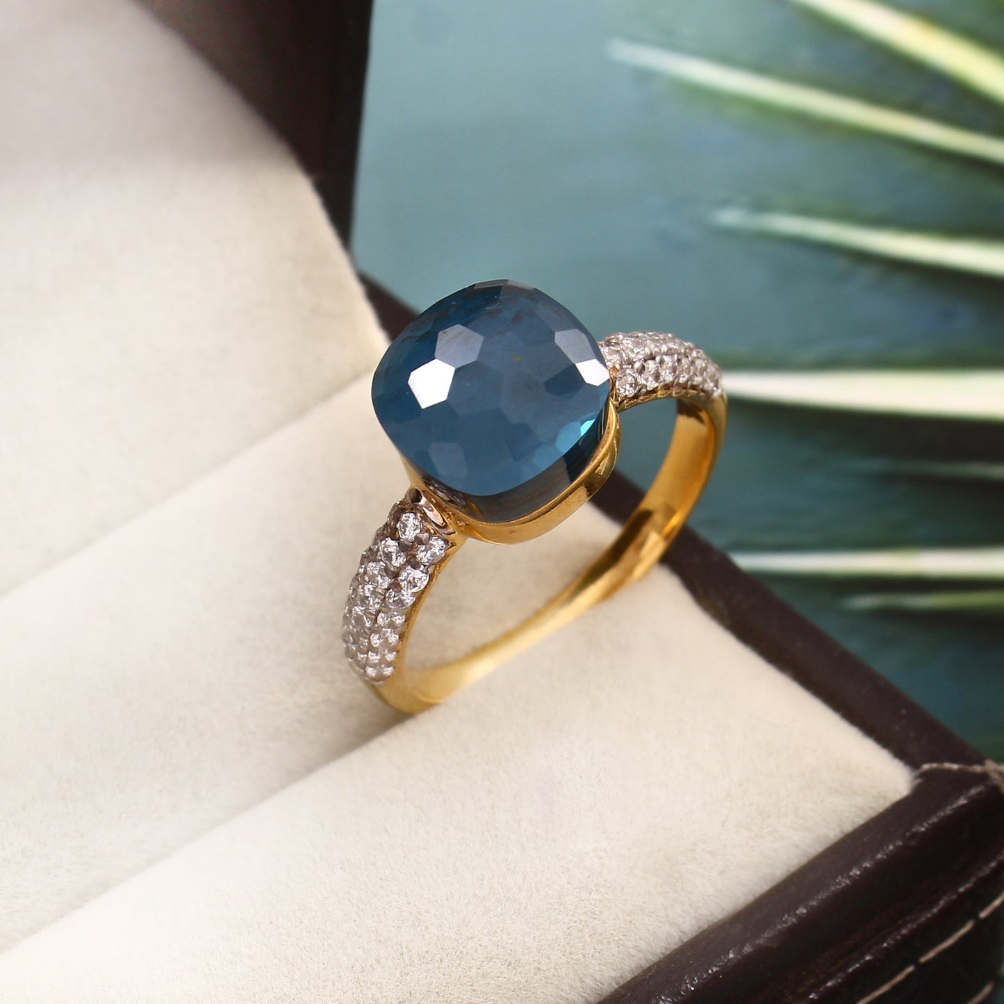 London Blue Topaz With Moissanite Ring 925 sterling Silver Ring with Gold Plating Jewelry