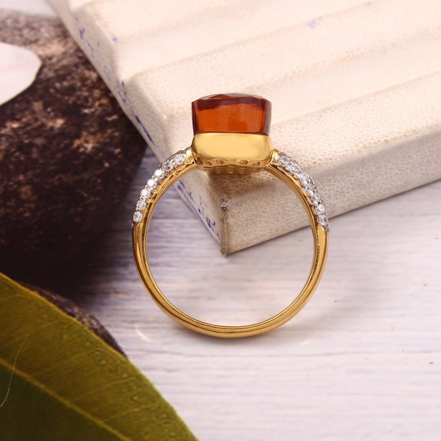 Hessonite Gemstone With Moissanite Ring 925 Sterling Silver Ring With Gold Plating