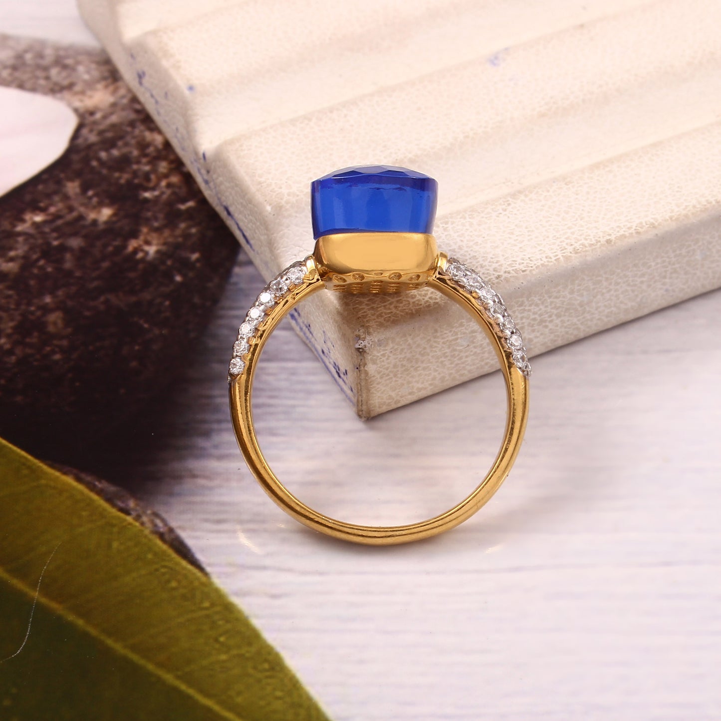 Blue Gemstone With Moissanite Ring 925 Sterling Silver Ring With Gold Plating Ring For Her