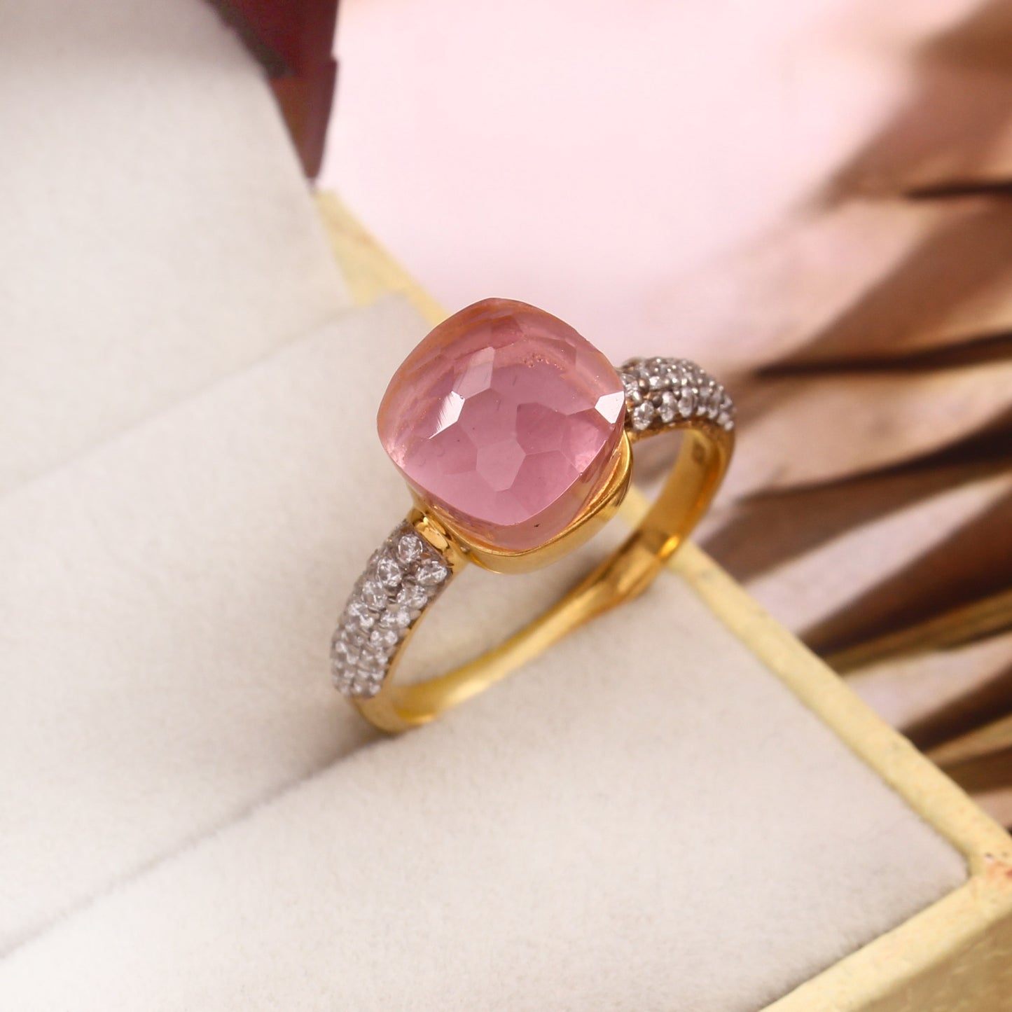 Pink Tourmaline And Moissanite Ring 925 Sterling Silver Ring With Gold Plating Ring For Her