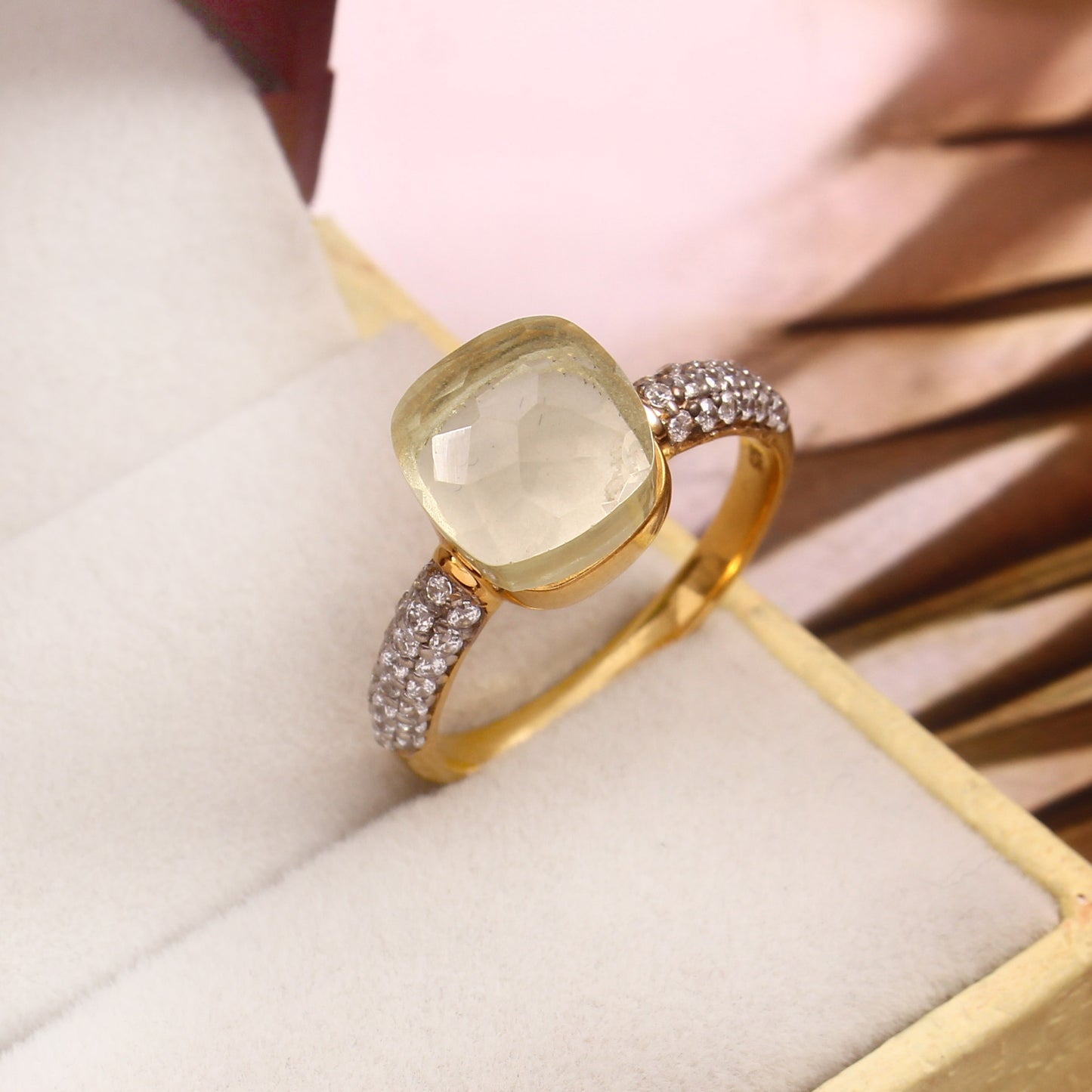 Lemon Quartz With Moissanite Ring 925 Sterling Silver ring With Gold Plating Jewelry