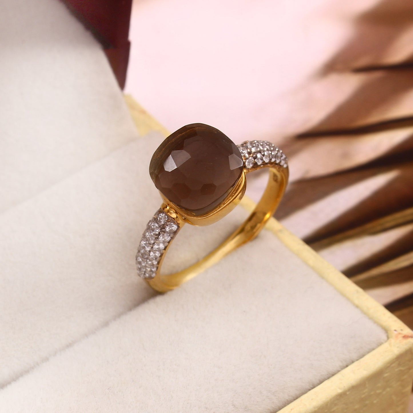 Smoky Quartz With Moissanite 925 Sterling Silver Ring With Gold Plating Ring For Her