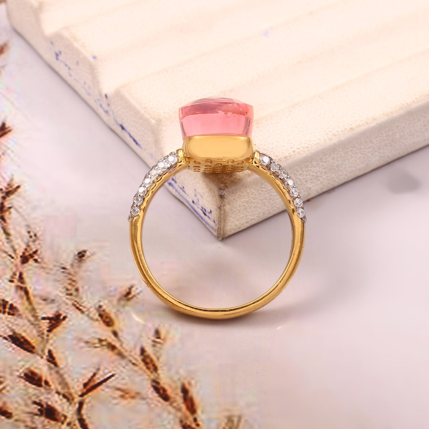 Pink Tourmaline And Moissanite Ring 925 Sterling Silver Ring With Gold Plating Ring For Her
