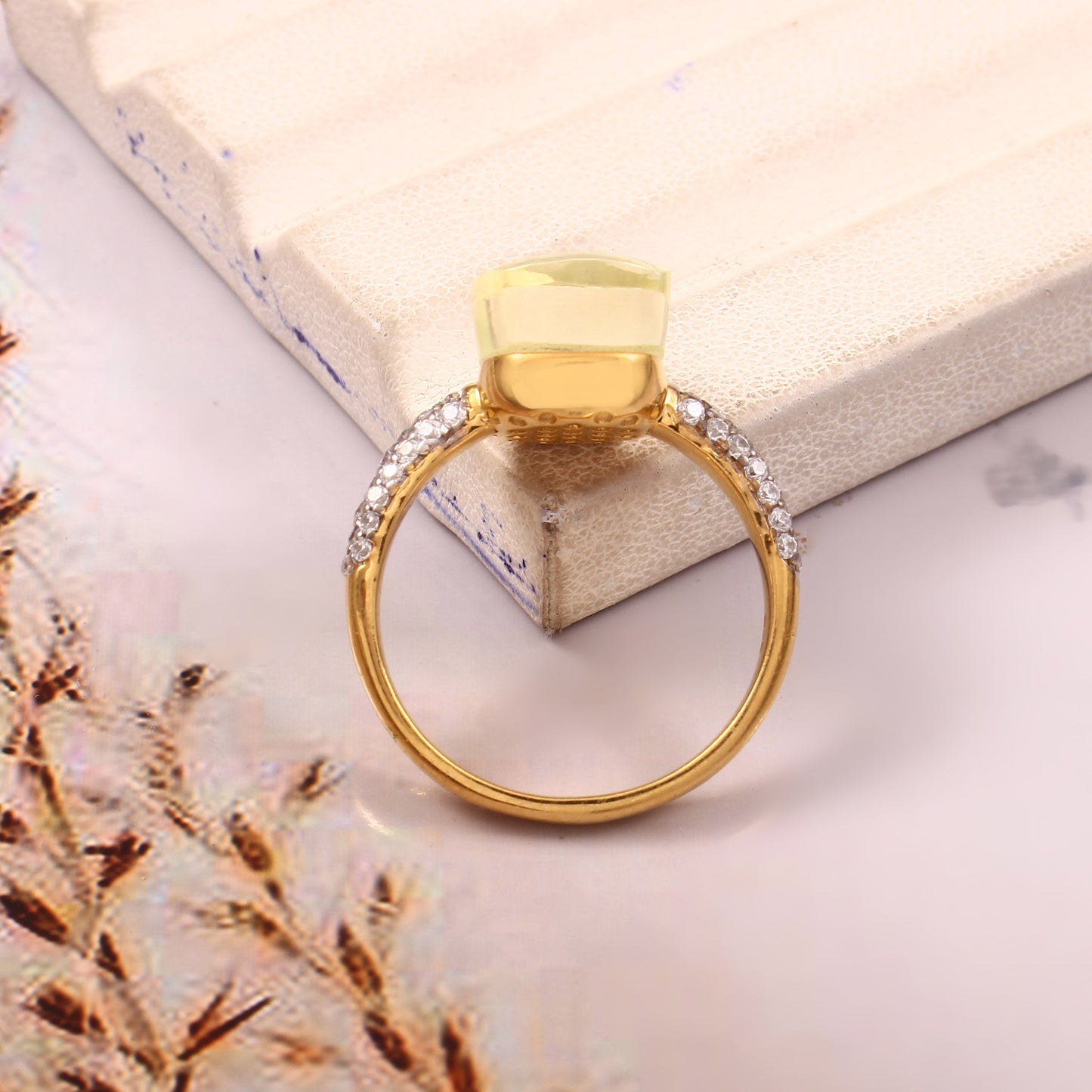 Lemon Quartz With Moissanite Ring 925 Sterling Silver ring With Gold Plating Jewelry