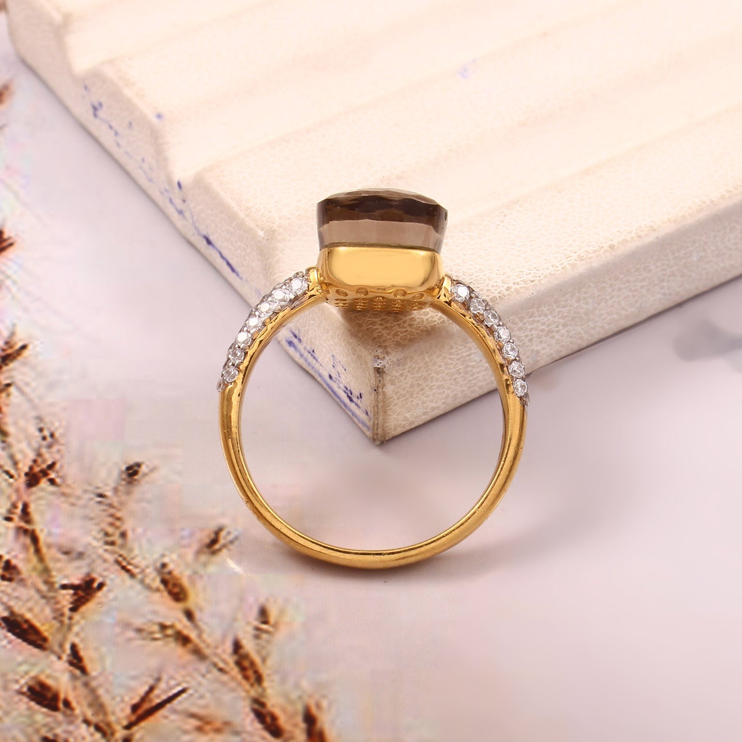 Smoky Quartz With Moissanite 925 Sterling Silver Ring With Gold Plating Ring For Her