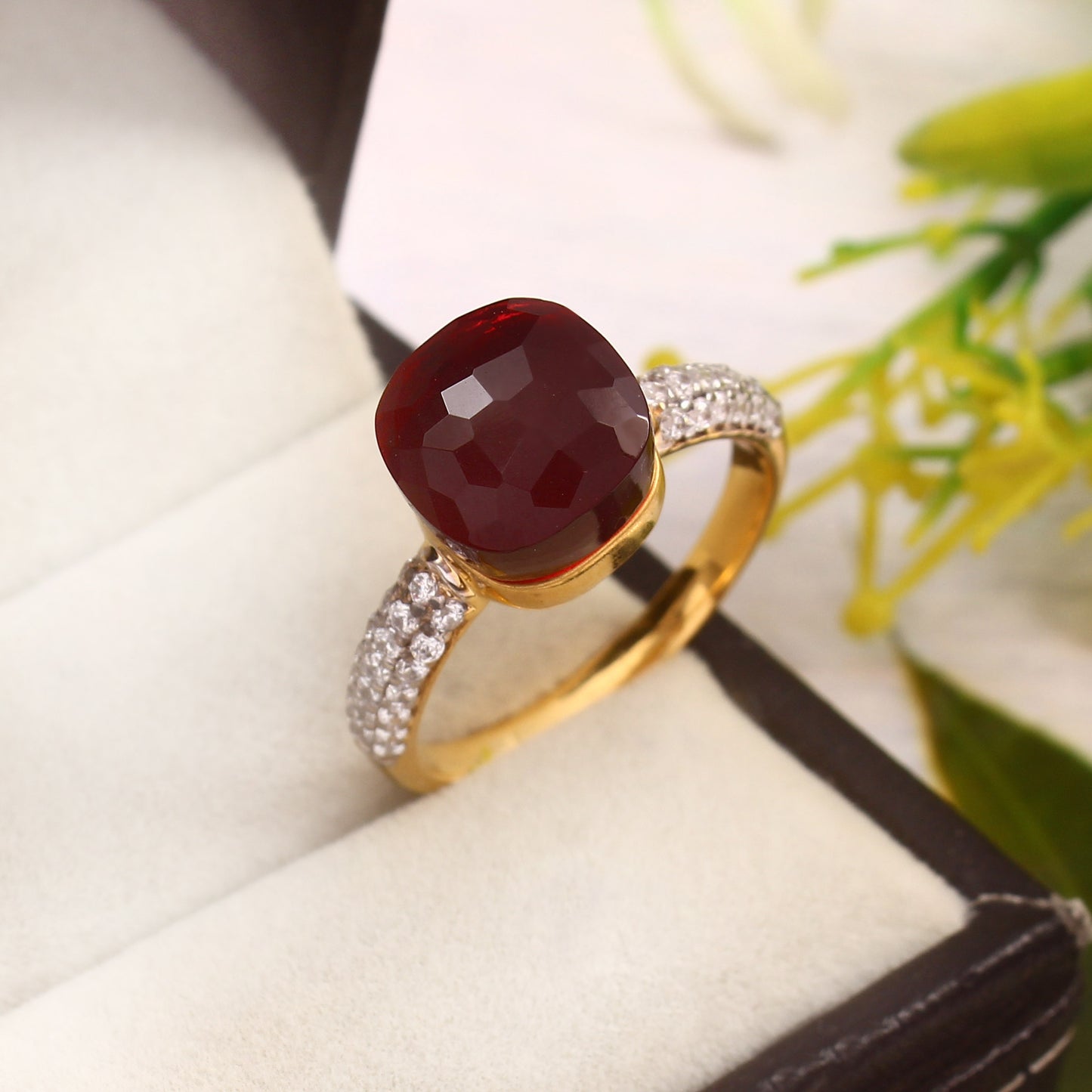 Pigeon Blood Ruby Gemstone Ring With Moissanite 925 Sterling Silver Ring With Gold Plating Ring For Her