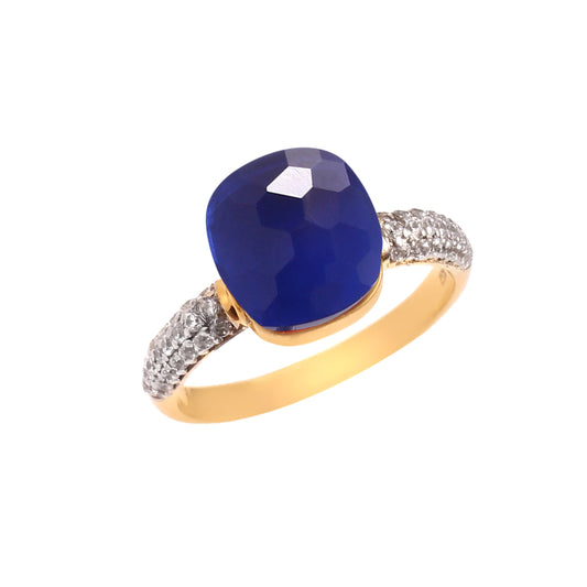 Blue Gemstone With Moissanite Ring 925 Sterling Silver Ring With Gold Plating Ring For Her
