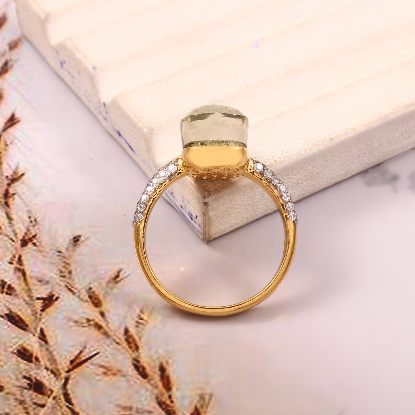 White Topaz With Moissanite Ring 925 sterling Silver Ring with Gold Plating Jewelry